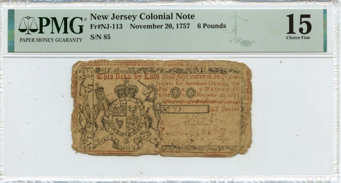 1757 November 20, 6 Pounds New Jersey Colonial Note FR#NJ-113 PMG F15 (1 of 1)