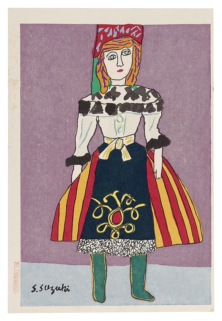 Shintaro Suzuki woodblock print dolls dresses headwear flowers Japanese writing (1 of 5)