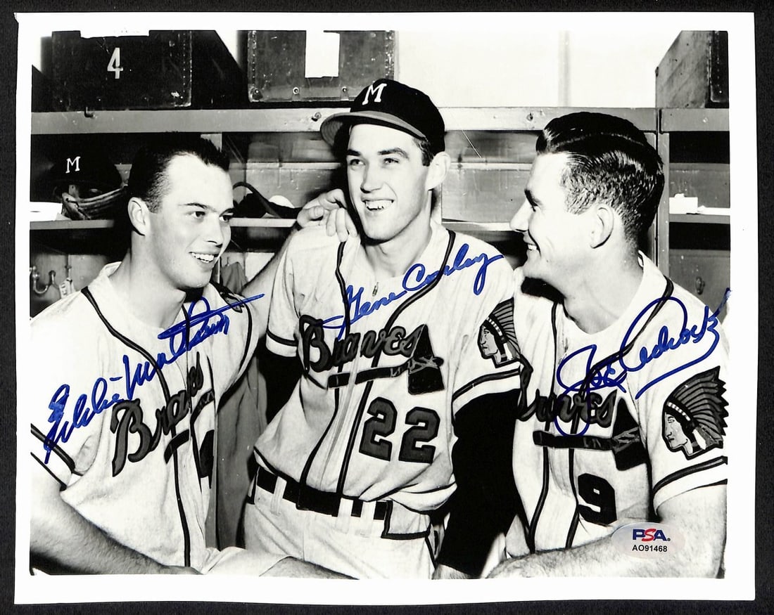 Eddie Mathews/ Gene Conley/ Joe Adcock Multi-Signed/ Auto 8x10 Photo PSA/ DNA 195450 (1 of 2)