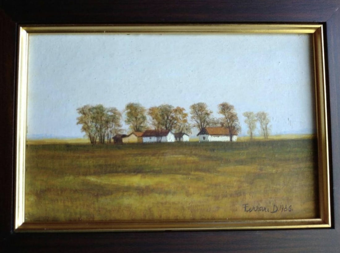 Dante Ferrari 1986 Signed Original Oil Painting Farmhouses" Encaustic on Gesso (1 of 7)