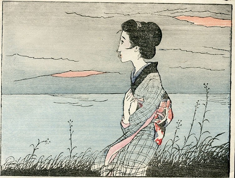 Takehisa Yumeji Japan Woodblock Prints Lake shore Flower of Aranda Women 1924: Takehisa Yumeji Japan Woodblock Prints Lake shore Flower of Aranda Women 1924 A stunning 1924 Japanese woodblock print by Takehisa Yumeji, this beautiful piece captures the serene beauty of a lake sho