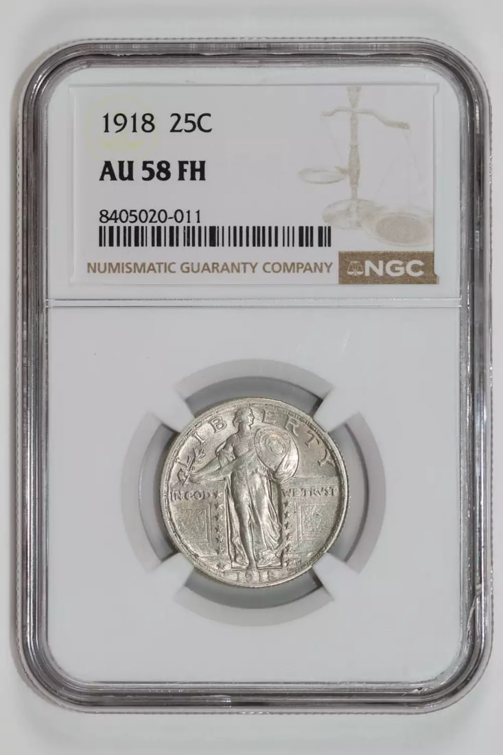 1918 STANDING LIBERTY QUARTER NGC AU58: 1918 STANDING LIBERTY QUARTER NGC AU58 A rare and highly sought-after 1918 Standing Liberty Quarter, certified by the Numismatic Guaranty Corporation (NGC) as AU 58, is up for auction. This circulated