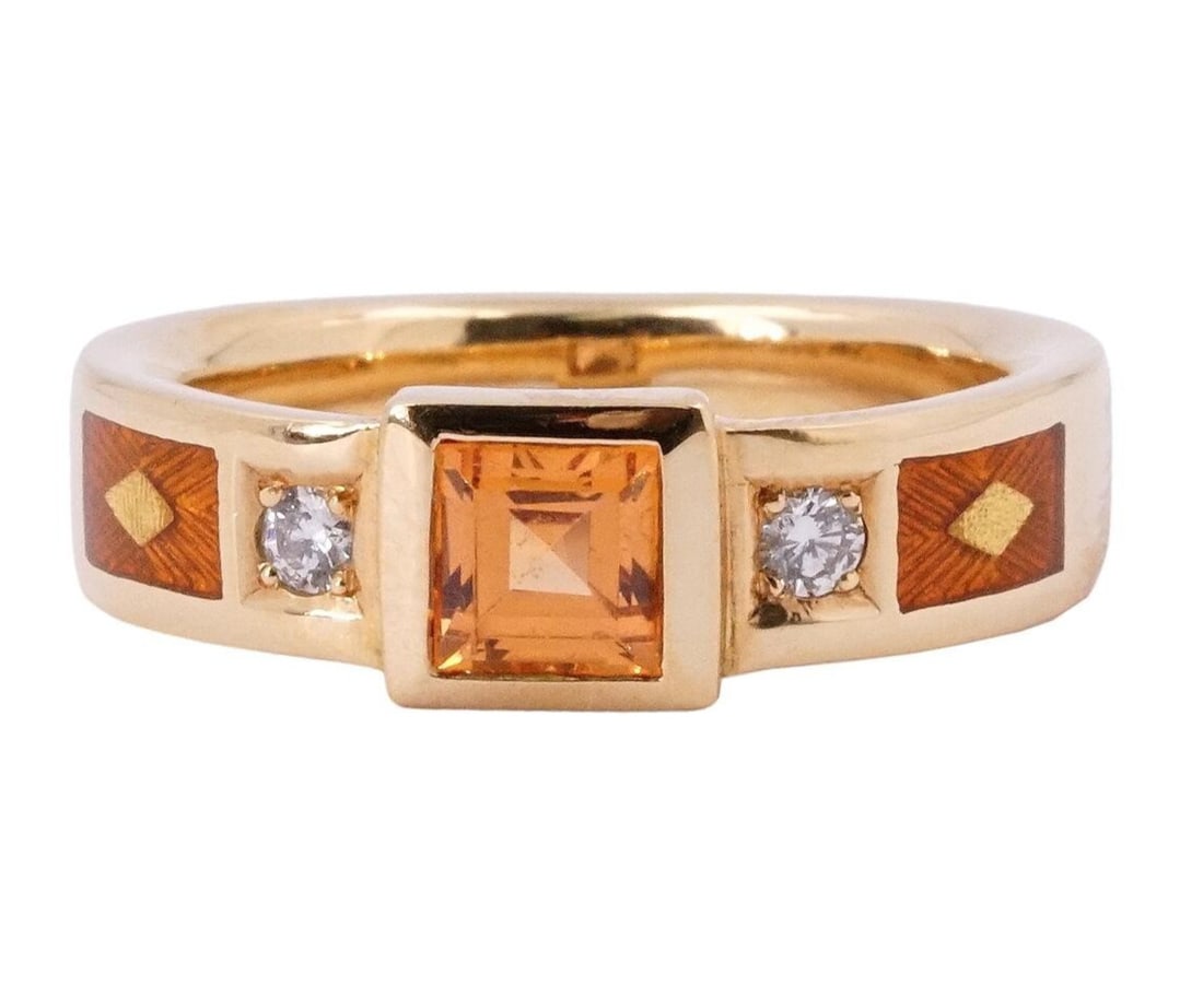 Yellow gold enamel ring with 18k yellow gold faceted garnet diamond from Faberge Germany. (1 of 8)