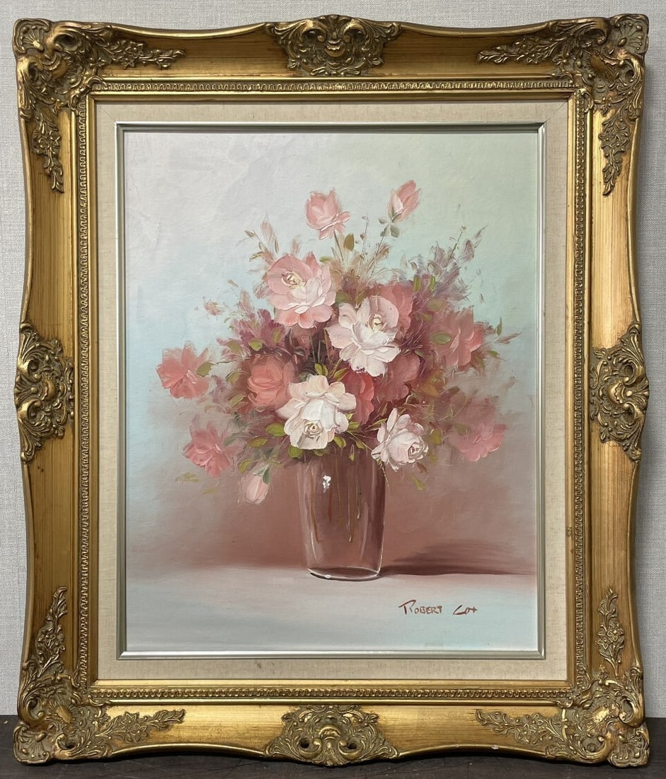 Robert Cox oil painting of vintage roses in a floral still life is framed and signed. (1 of 8)