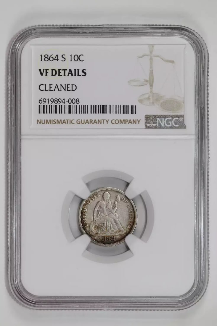 1864-S SEATED LIBERTY DIME NGC VF DETAILS: 1864-S SEATED LIBERTY DIME NGC VF DETAILS Experience the rare charm of the 1864-S Seated Liberty dime, certified by NGC with exceptional VF details. This stunning piece of American numismatic history