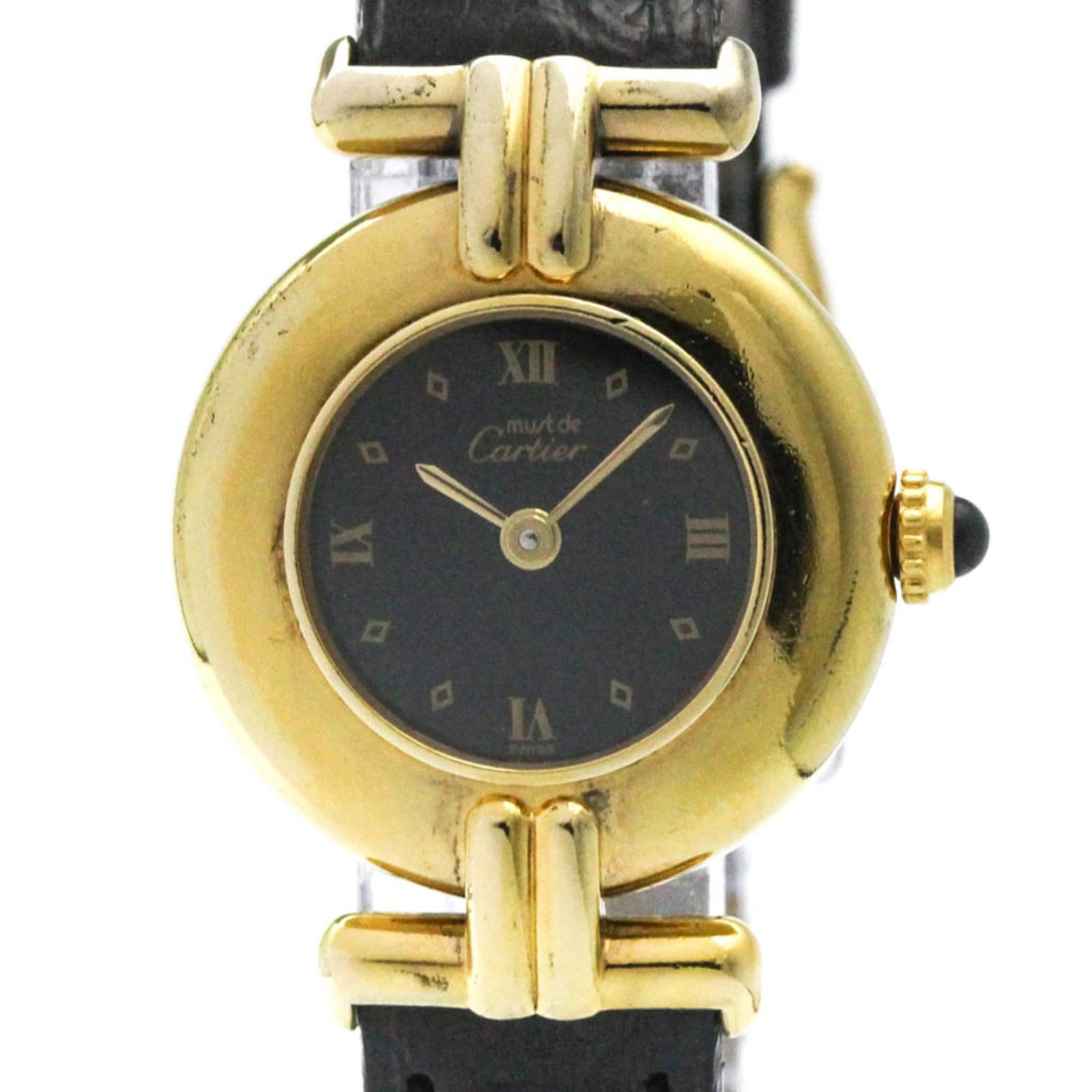 Cartier wristwatch: Cartier wristwatch A stunning Cartier wristwatch, exuding elegance and sophistication, boasts a sleek 24mm gold-plated case and black leather strap, perfect for dressing up any formal occasion. With i