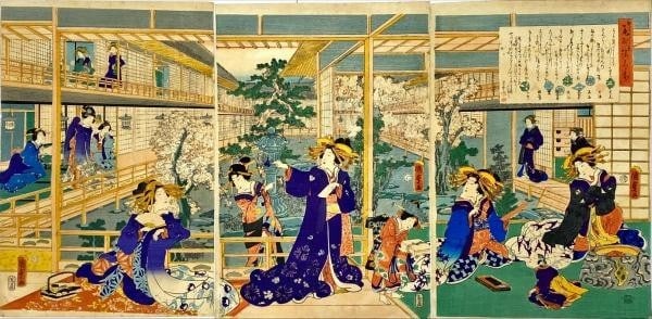 Japan Geisha Kimono Woodblock Print Architecture Makeup Group Triptych (1 of 1)