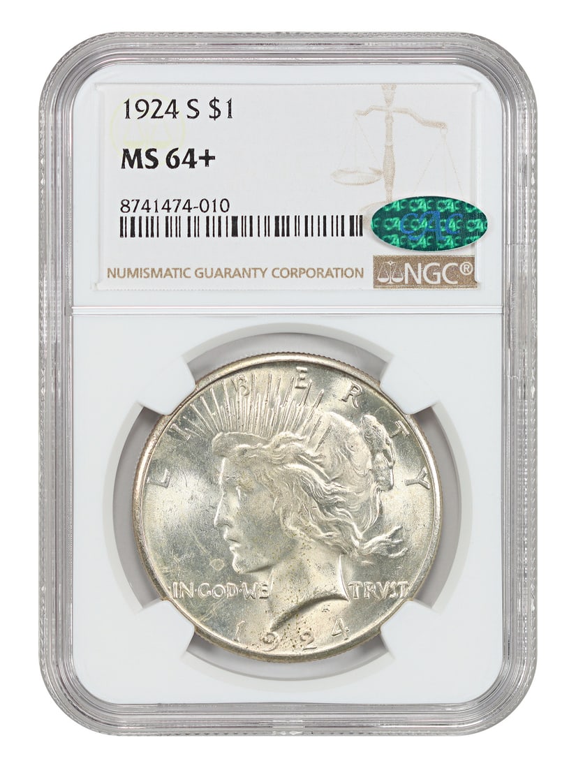 1924-S $1 NGC/ CAC MS64+ - Peace Dollar - Better Date from San Francisco: 1924-S $1 NGC/ CAC MS64+ - Peace Dollar - Better Date from San Francisco Experience the iconic 1924-S Peace Dollar, graded MS64+ by NGC and CAC-approved for authenticity. This uncirculated $1 coin fro