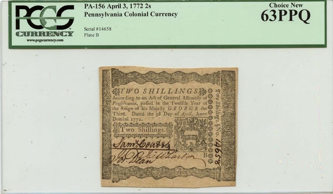 1772 April 3, 2 Shillings Pennsylvania Colonial Note FR#PA-156 PCGS CU63 PPQ (1 of 1)
