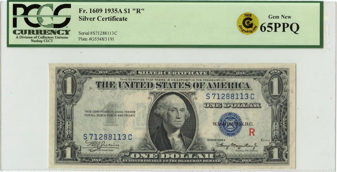 1935A $1Experimental (R) $1 Silver Cert FR#1609 PCGS Gem 65PPQ GCC Gold (1 of 1)