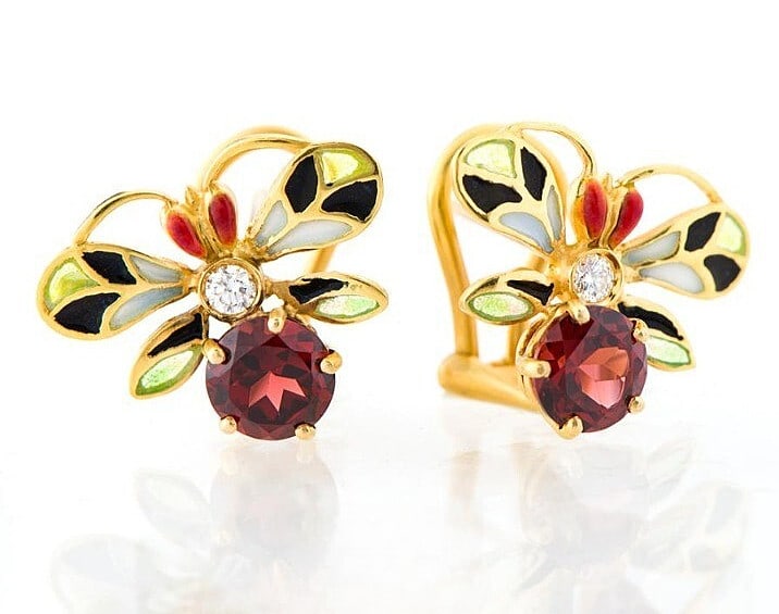 Masriera 18k Yellow Gold Garnet Diamond Bee Insect Enamel Earrings Art Nouveau (1 of 6)