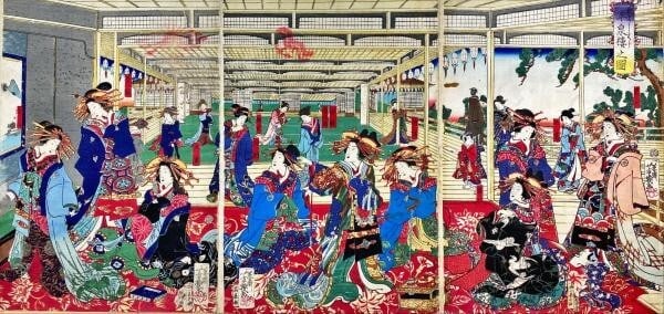 Yoshiiku Ochiai Japan Woodblock Prints Lady Gorgeous Kimono Oiran Girls triptych (1 of 1)