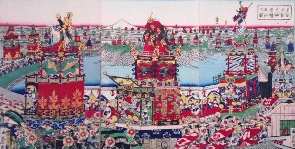 Yoshifuji Japan Antique Woodblock Prints Toto divine festival drawing triptych: Yoshifuji Japan Antique Woodblock Prints Toto divine festival drawing triptych Experience the rich cultural heritage of 19th-century Japan with this exquisite triptych woodblock print, created by reno