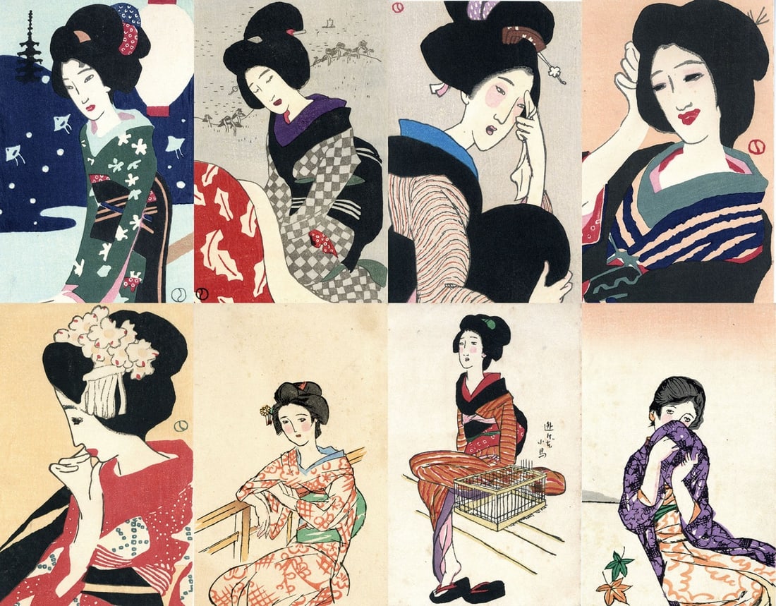 Yumeji Takehisa Japan Woodblock Prints "Postcards" Beauty Women Kimono 8 Sheets: Yumeji Takehisa Japan Woodblock Prints "Postcards" Beauty Women Kimono 8 Sheets Experience the beauty of traditional Japanese art with these stunning Yumeji Takehisa woodblock prints, carefully reprod