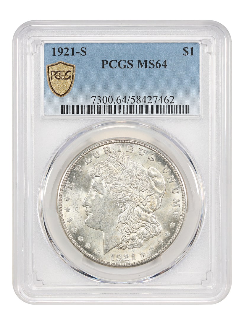 1921-S $1 PCGS MS64 - Morgan Dollar - Final Year S-Mint: 1921-S $1 PCGS MS64 - Morgan Dollar - Final Year S-Mint Rarity seekers, rejoice! This 1921-S Morgan Dollar is one of the final year's offerings from the San Francisco Mint, boasting a stunning PCGS MS