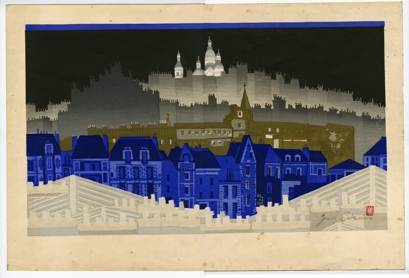 Junichiro Sekino woodblock print of architecture in a city at night from 1959. (1 of 3)