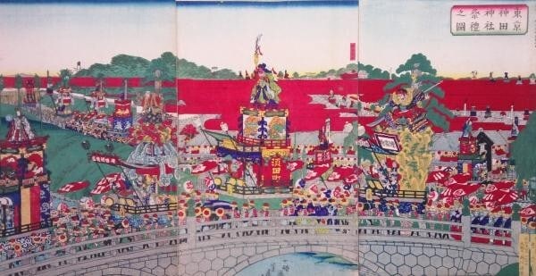 Utagawa woodblock prints of a shrine by river bridge at festival in triptych. (1 of 2)
