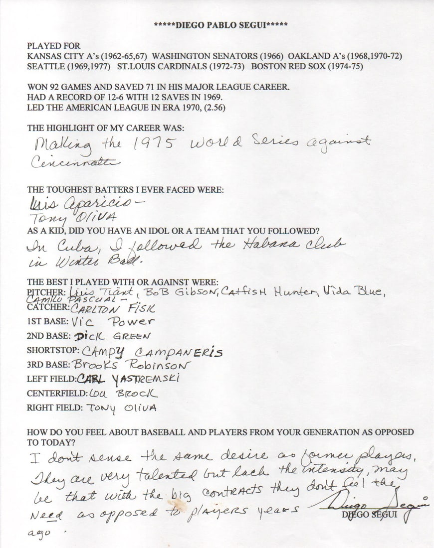 Diego Segui Autographed Hand Filled Out Survey Page (JSA) (1 of 2)