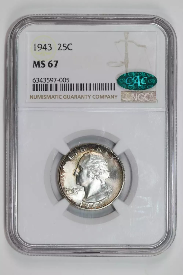 1943 WASHINGTON QUARTER NGC MS67 CAC VERY PQ: 1943 WASHINGTON QUARTER NGC MS67 CAC VERY PQ Rarity and condition come together in this stunning 1943 Washington Quarter, graded MS67 by the NGC and CAC, making it a true gem for collectors. As one of