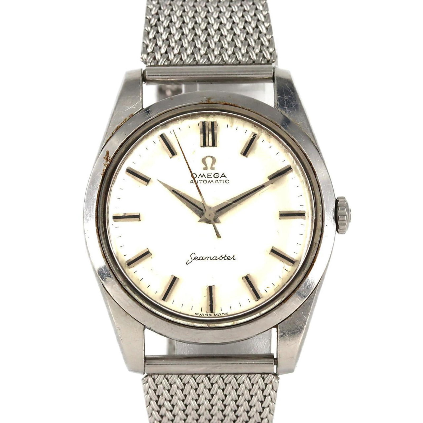 Omega wristwatch Omega: Omega wristwatch Omega A sleek and timeless Omega wristwatch, this silver-studded timepiece boasts a stainless steel case and band, perfect for everyday wear. With its classic 35mm diameter and durabl
