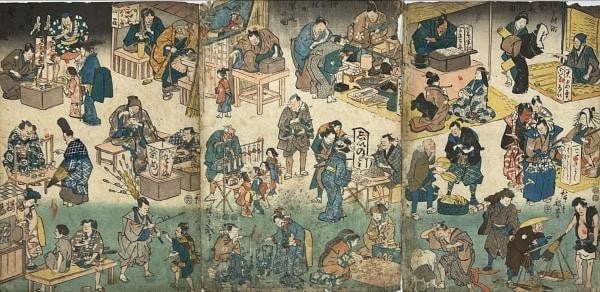 Japanese woodblock print people in a kimono geisha at a market by Hiroshige. (1 of 1)