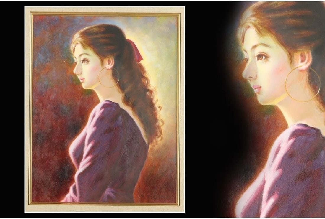 Japanese framed antiques woman beauty earrings Yoshimi Tsurumura lithograph.: Japanese framed antiques woman beauty earrings Yoshimi Tsurumura lithograph. A stunning piece of Japanese art, these antique earrings showcase a beautiful lithograph by renowned artist Yoshimi Tsurumu