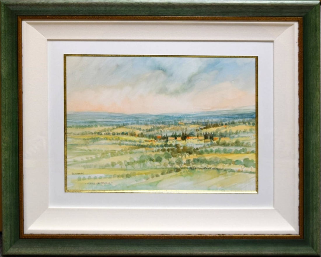 Alain Bonnaure Plaine en Toscane Watercolor Tuscany Landscape Framed (1 of 9)