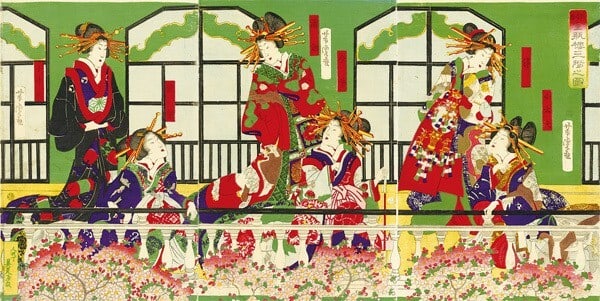 Yoshitora Utagawa Woodblock Prints Yoshiwara Beautiful Kimono woman JP triptych (1 of 1)