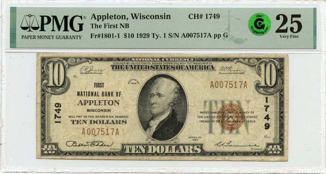 1929 Ty.1 $10 Natlional Bank Appleton WI CH#1749 PMG VF25 GCC Green (1 of 1)