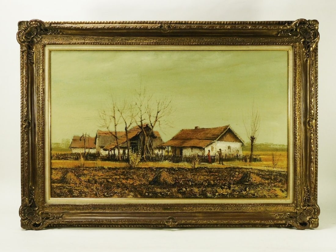 Hungarian Modern Art Framed Oil Painting by Imre Puskas of Road Home M25.: Hungarian Modern Art Framed Oil Painting by Imre Puskas of Road Home M25. Experience the unique charm of Hungarian Modern Art with this stunning oil painting, 'Road Home M25', signed by renowned artis
