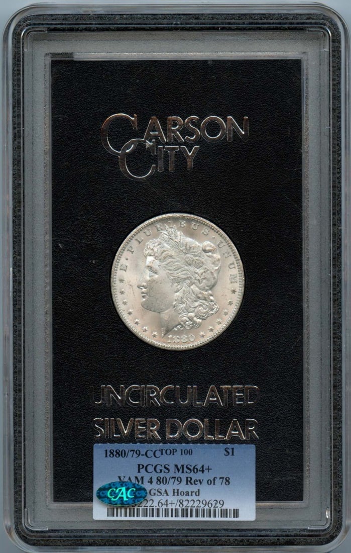 1880/ 79-CC Mogan Dollar GSA Top 100 Vam 4 Rev 78 PCGS MS64+ CAC: 1880/ 79-CC Mogan Dollar GSA Top 100 Vam 4 Rev 78 PCGS MS64+ CAC A rare gem from the early days of American coinage, this 1880 Morgan Dollar is certified MS64+ by PCGS and graded CAC, showcasing excep