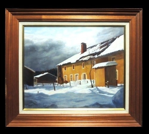 French village signed snow landscape oil painting by Yvette Bossiere: French village signed snow landscape oil painting by Yvette Bossiere Experience the serene beauty of Yvette Bossiere's signature style in this stunning signed snow landscape oil painting, expertly cra