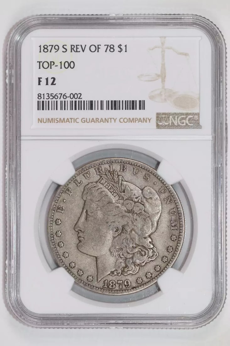 1879-S REVERSE 1878 MORGAN DOLLAR NGC F12: 1879-S REVERSE 1878 MORGAN DOLLAR NGC F12 Experience the rich history of the American West with this 1879-S Reverse 1878 Morgan Dollar, certified by NGC and graded F12. Struck in San Francisco, this c