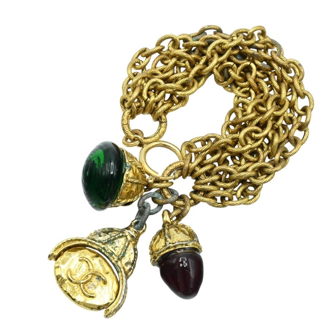 Gold plated vintage Chanel brown green chain bracelet gripoix gold 9.69 inches (1 of 10)