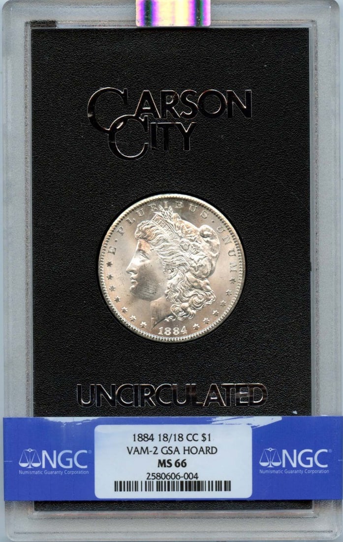 1884-CC Morgan Dollar VAM-2 GSA HOARD S$1 NGC MS66: 1884-CC Morgan Dollar VAM-2 GSA HOARD S$1 NGC MS66 Experience the rare beauty of an 1884-CC Morgan Dollar, certified MS66 by NGC and graded VAM-2, one of the most sought-after varieties in the series.