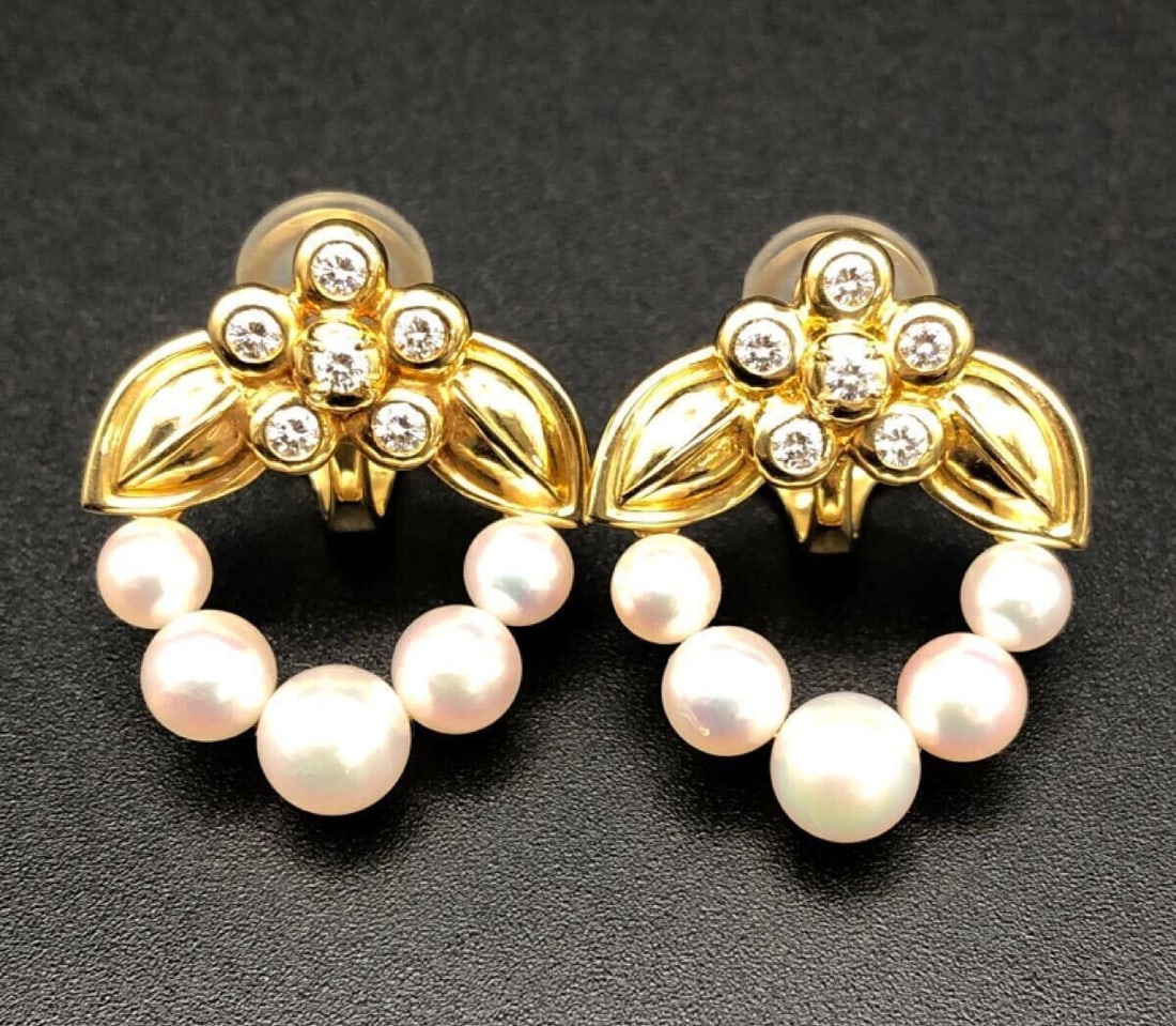 Christian Dior 18k Yellow Gold Vintage Diamond Pearl Flower Leaf Clip Earrings (1 of 10)