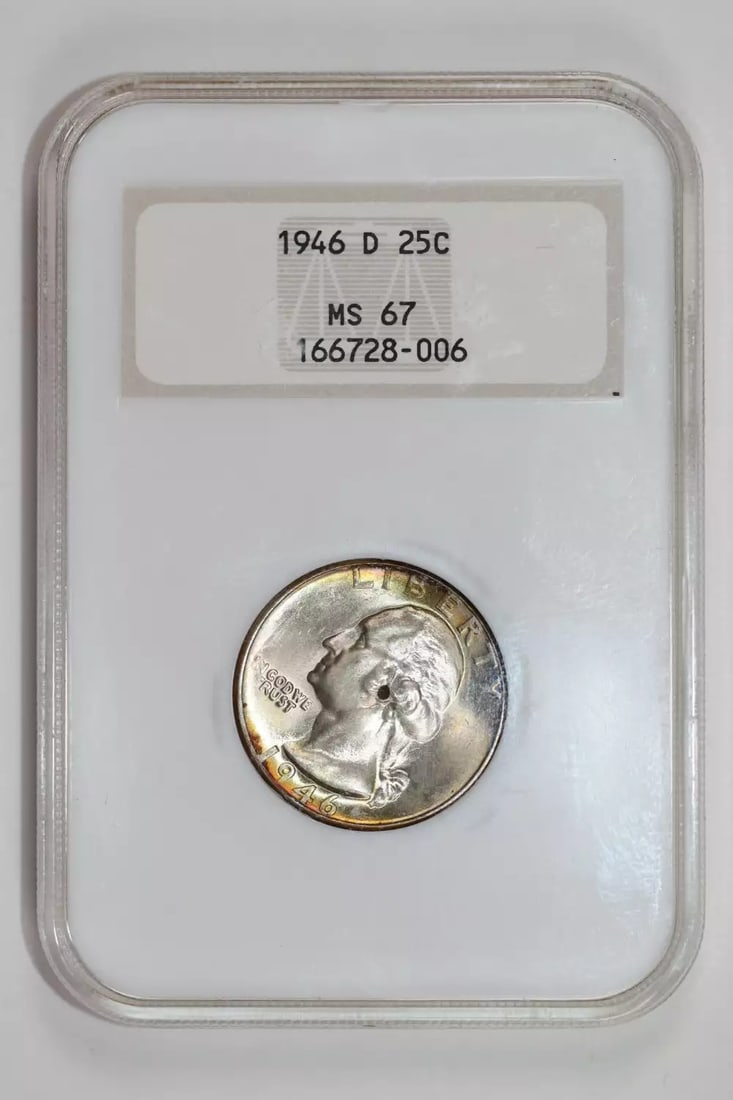 NGC MS67 Washington Quarter 1946-D Old Fatty Holder: NGC MS67 Washington Quarter 1946-D Old Fatty Holder A rare and highly sought-after 1946-D Washington Quarter, graded MS67 by the NGC, is up for auction. This uncirculated coin boasts exceptional condi
