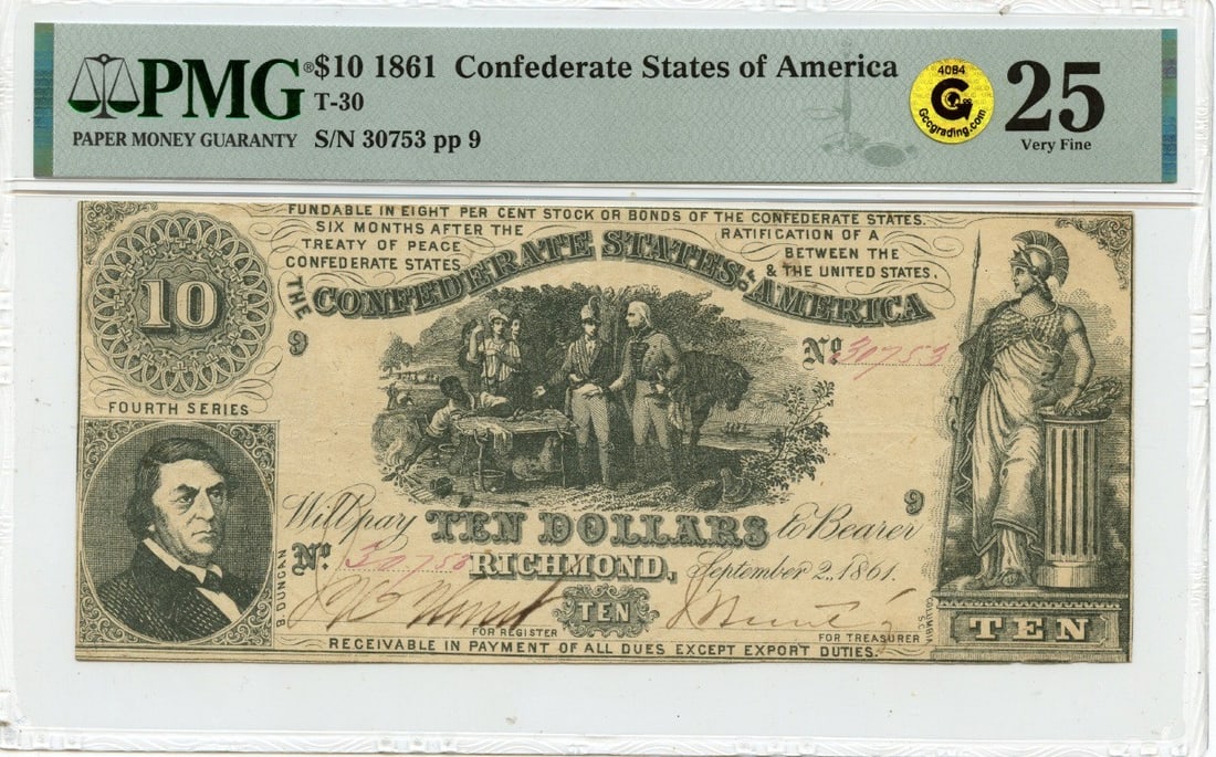 1861 $10 Confederate States of America T-30 CSA PMG VF25 GCC Gold (1 of 2)