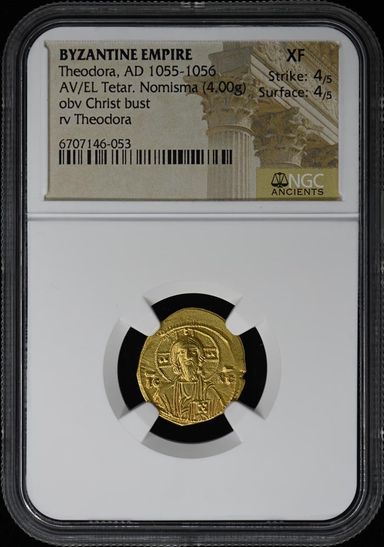 Theodora, AD 1055-1056 BYZANTINE AV/ EL Tetar. Nomisma 4.00g NGC XF 4/ 4 Christ (1 of 3)