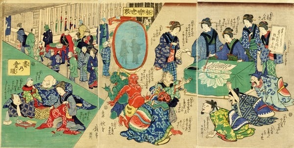 Utagawa Hiroshige Woodblock Prints Mirrors Red Green Ghost Kimono Shodo Triptych (1 of 1)