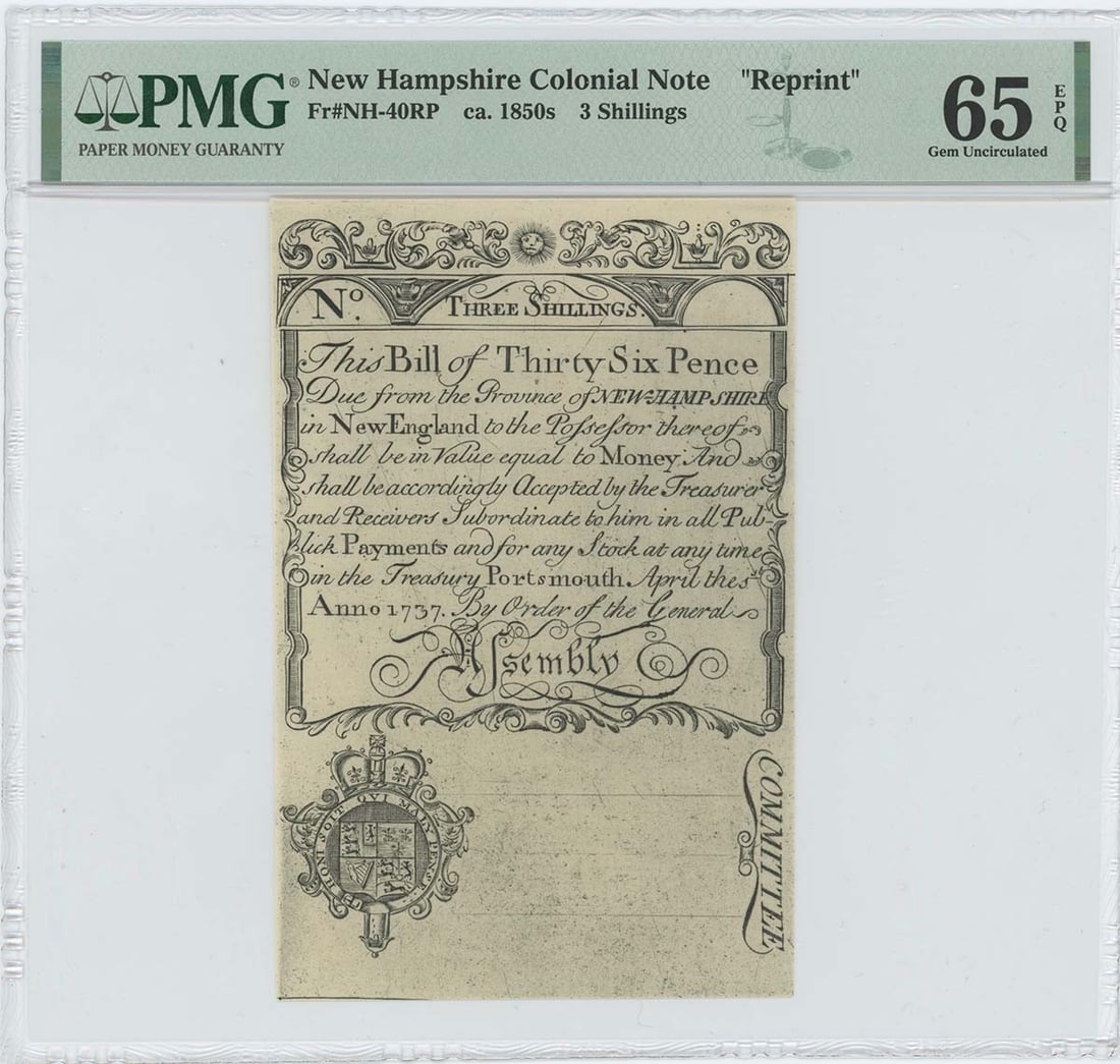 1737 April 1, 3s New Hampshire Colonial FR#NH-40RP PMG GEM 65 EPQ Cohen Reprint (1 of 1)