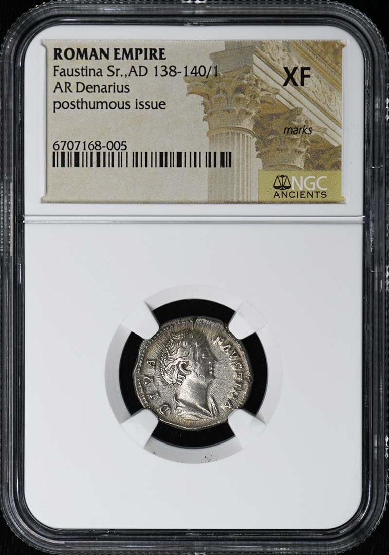 Faustina Sr., AD 138-140/ 1 ROMAN EMPIRE AR Denarius NGC XF40: Faustina Sr., AD 138-140/ 1 ROMAN EMPIRE AR Denarius NGC XF40 Experience the rich history of the Roman Empire with this stunning Faustina Sr. AD 138-140 Roman Empire AR Denarius, certified by NGC and