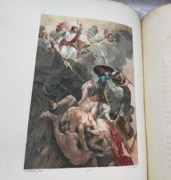 Milton Paradise Lost 1792 First Edition Color Stipple Engravings Schall: Milton Paradise Lost 1792 First Edition Color Stipple Engravings Schall Own a piece of literary history with the 1792 first edition of John Milton's "Le Paradis perdu", beautifully illustrated by