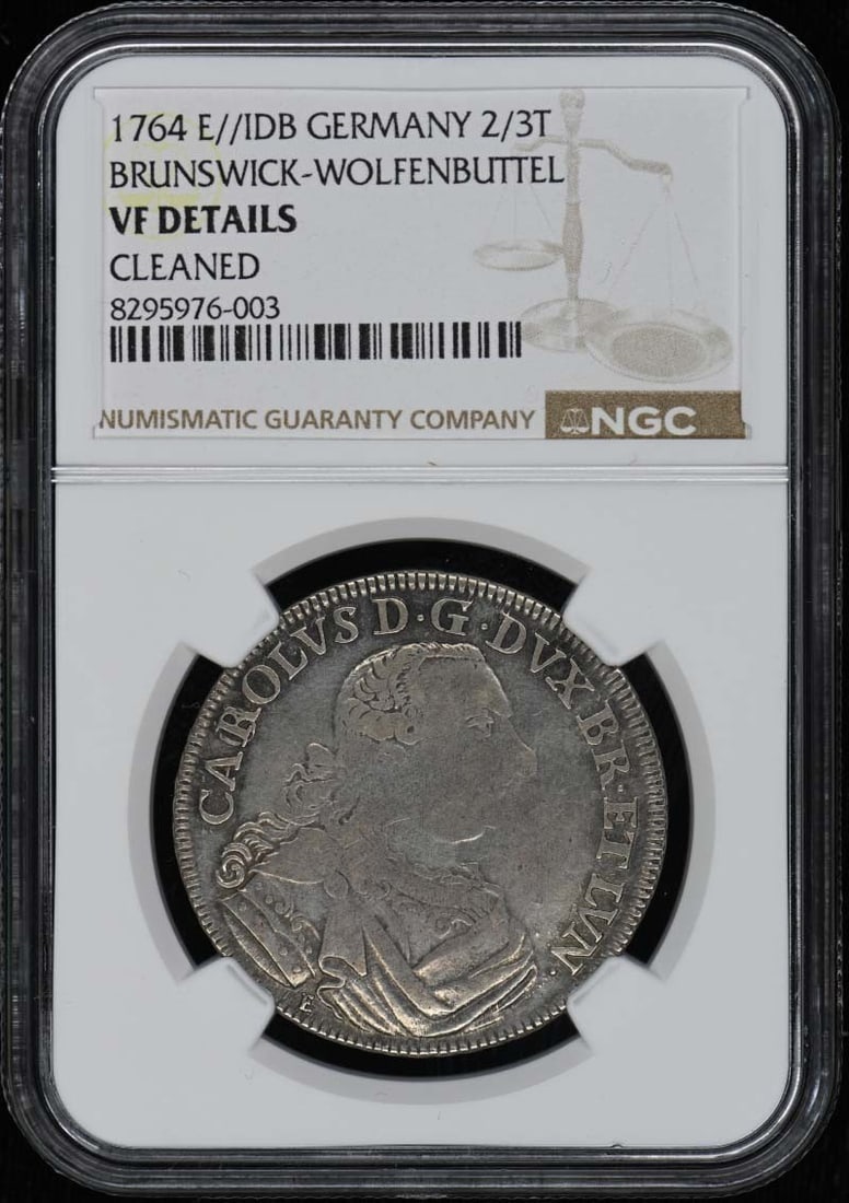 1764 E/ / IDB GERMANY BRUNSWICK WOLFENBUTTEL Silver 2/ 3 Taler 2/ 3T NGC VF Details: 1764 E/ / IDB GERMANY BRUNSWICK WOLFENBUTTEL Silver 2/ 3 Taler 2/ 3T NGC VF Details A rare and beautiful example of 18th century German currency, this 1764 Brunswick Wolfenb?ttel silver taler boasts