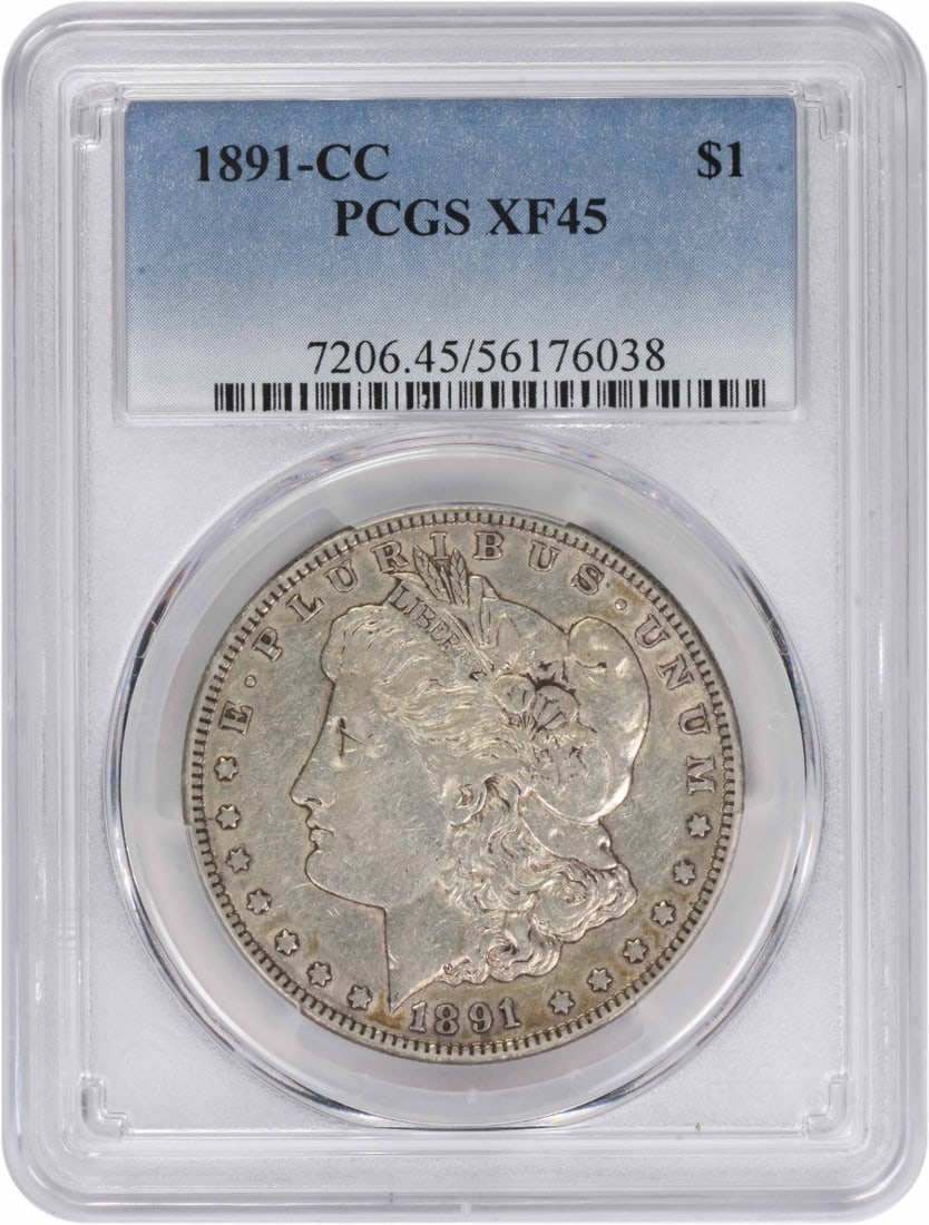 1891-CC Morgan Silver Dollar EF45 PCGS: 1891-CC Morgan Silver Dollar EF45 PCGS Experience the rich history of the American West with this stunning 1891-CC Morgan Silver Dollar, graded EF45 by PCGS and certified as Uncirculated. The coin's i