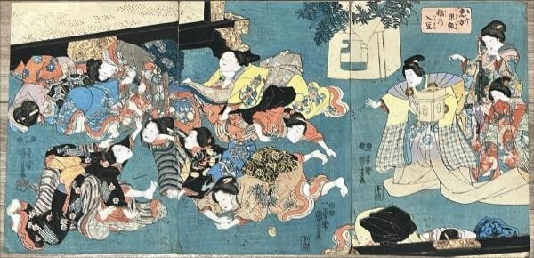 Ichiyusai Kuniho woodblock triptych geisha women kimono makeup Japanese writing (1 of 1)