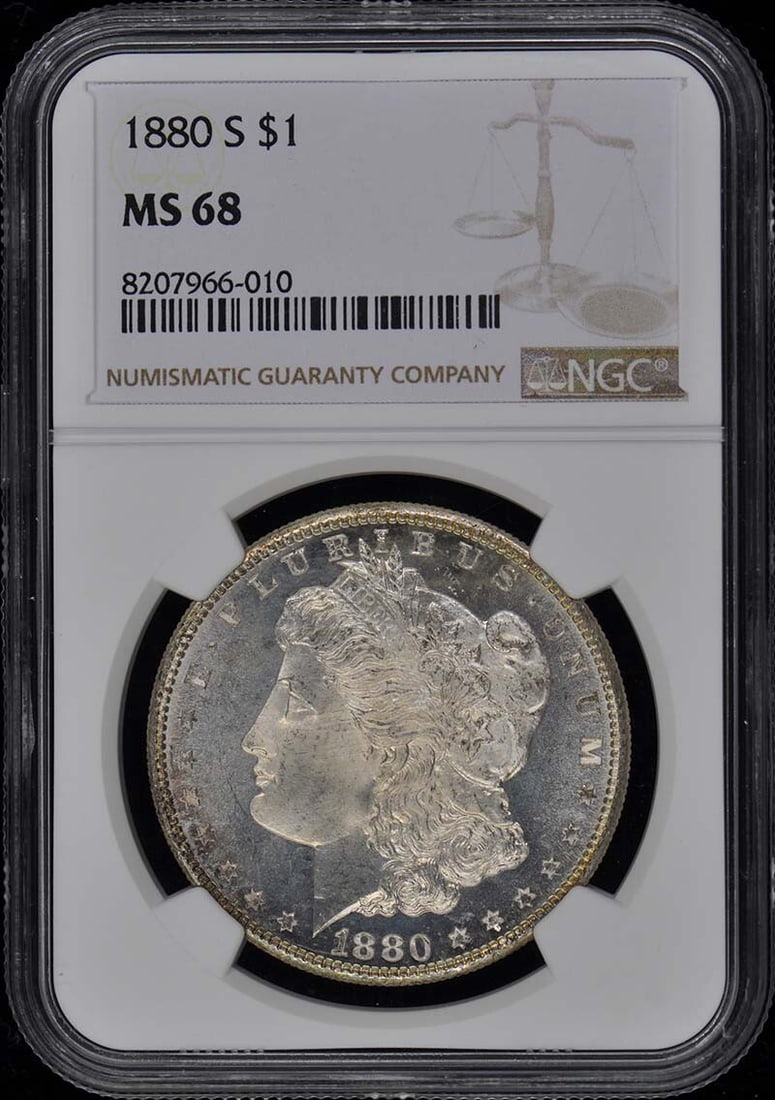 1880-S Morgan Dollar S$1 NGC MS68: 1880-S Morgan Dollar S$1 NGC MS68 A stunning example of American numismatic history, this 1880-S Morgan Dollar is certified MS68 by the renowned NGC grading service, showcasing exceptional condition a