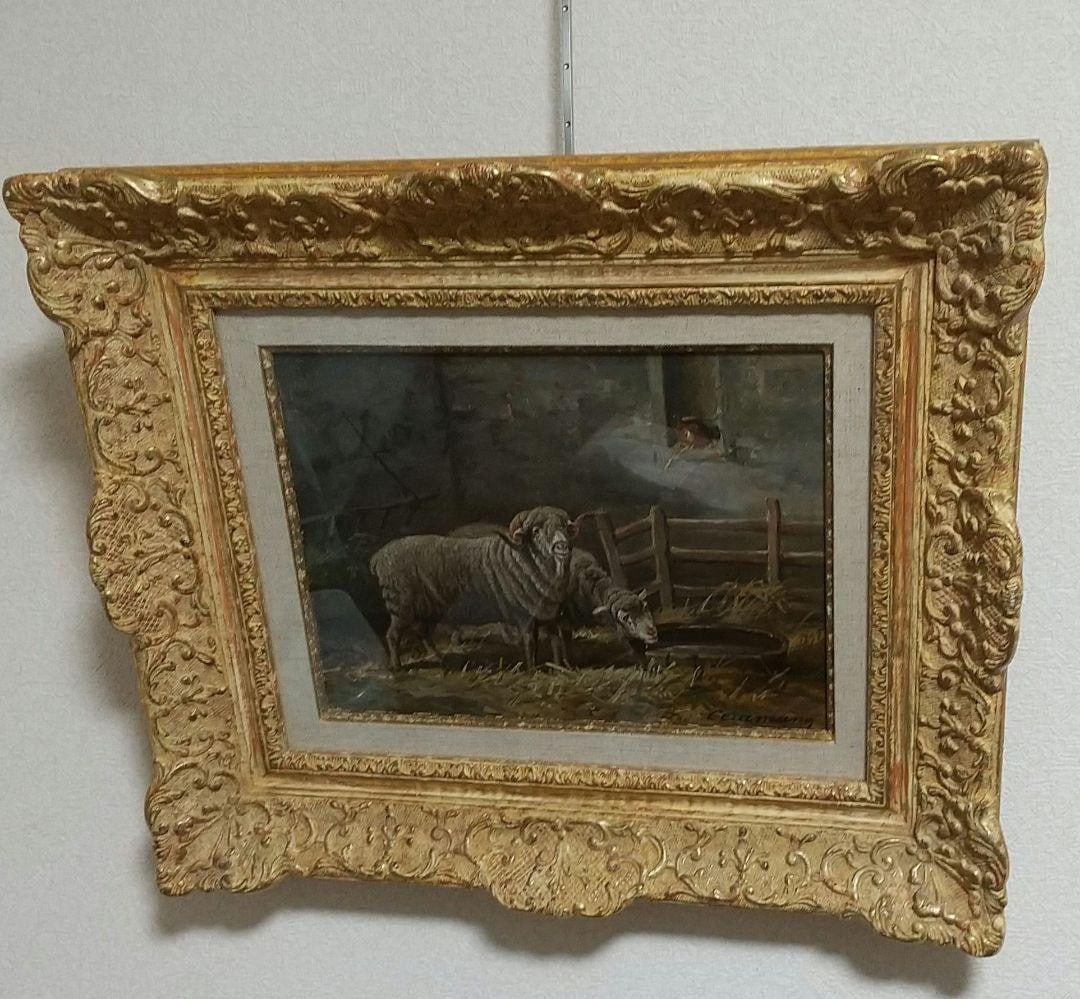 Charles Ferdinand Ceramano Oil Painting of a Sheep in a Barn (1 of 2)