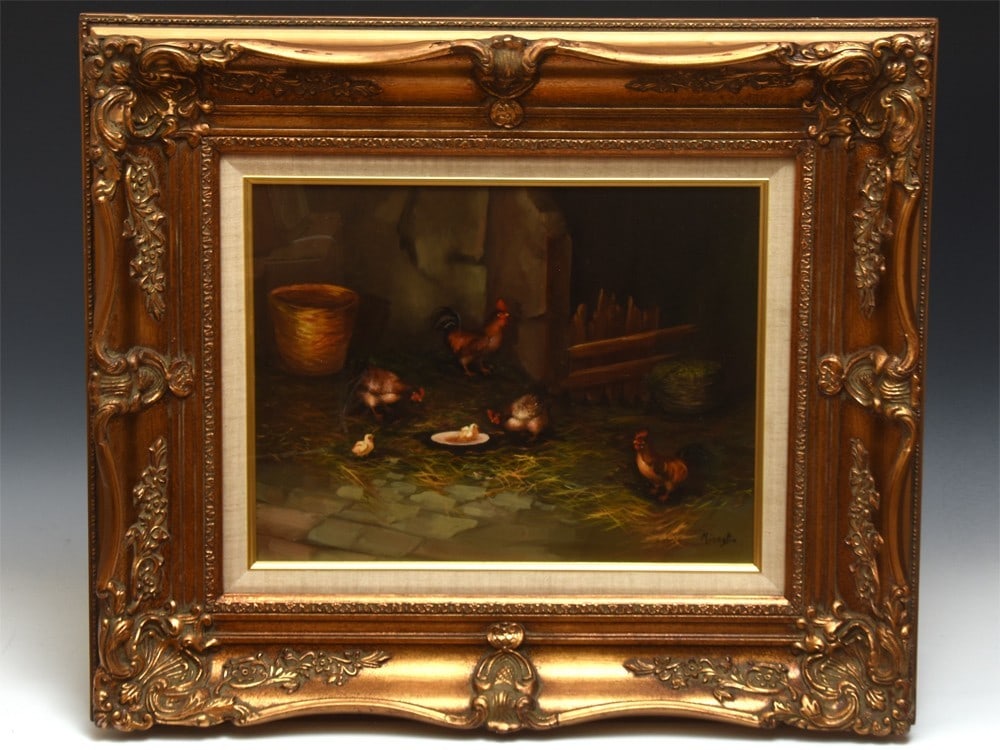 Italian signed framed oil painting of chickens in a farm scene by Enrico Miraglia. (1 of 10)