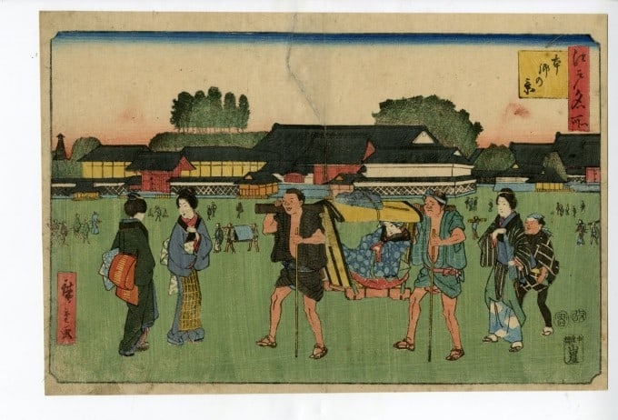 hiroshige woodblock print people geisha makeup kimono village trees Japanese: hiroshige woodblock print people geisha makeup kimono village trees Japanese Experience the elegance of 19th-century Japan with this stunning woodblock print by renowned artist Hiroshige, depicting a